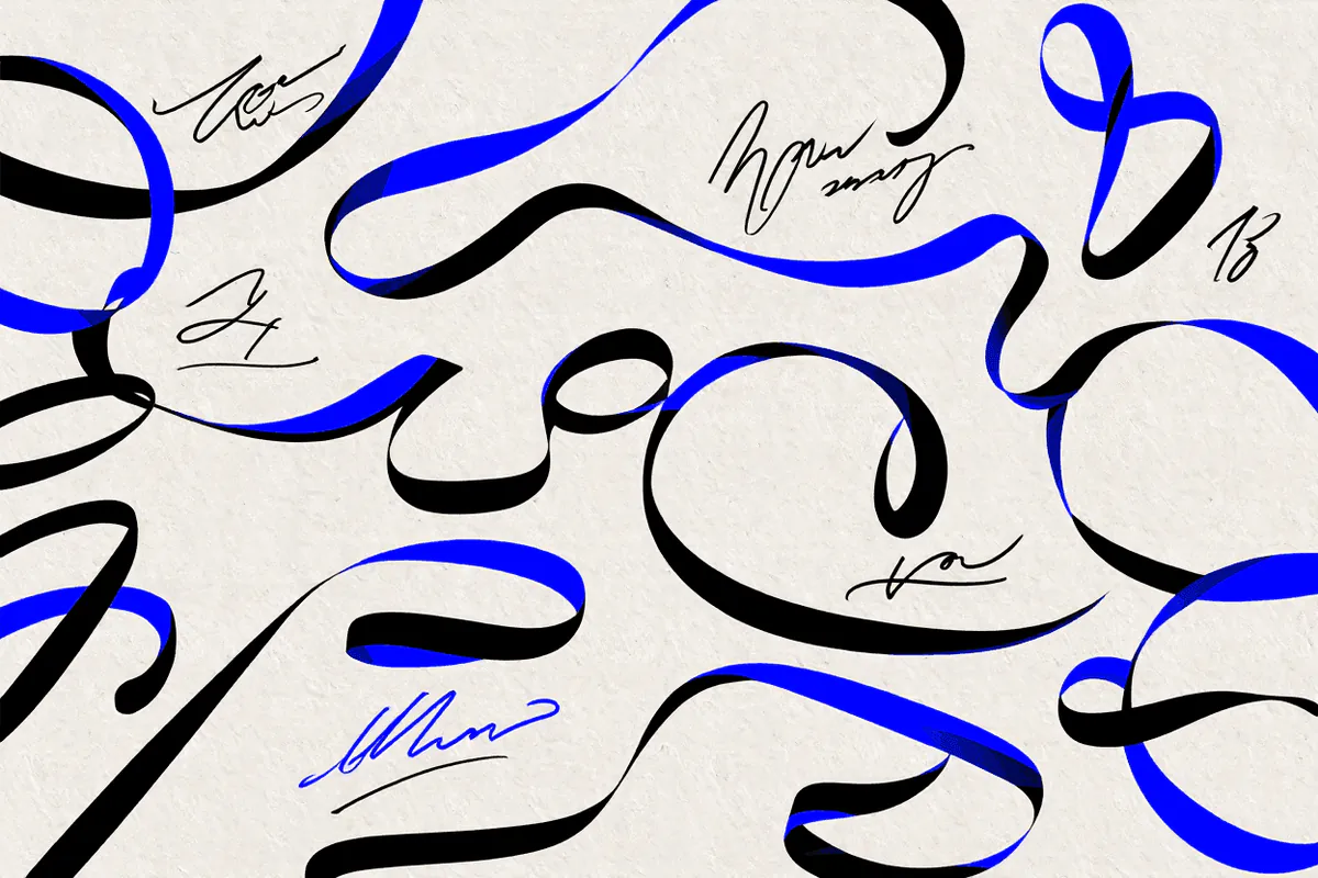 Abstract illustration of looping blue and black ink signatures on a cream background