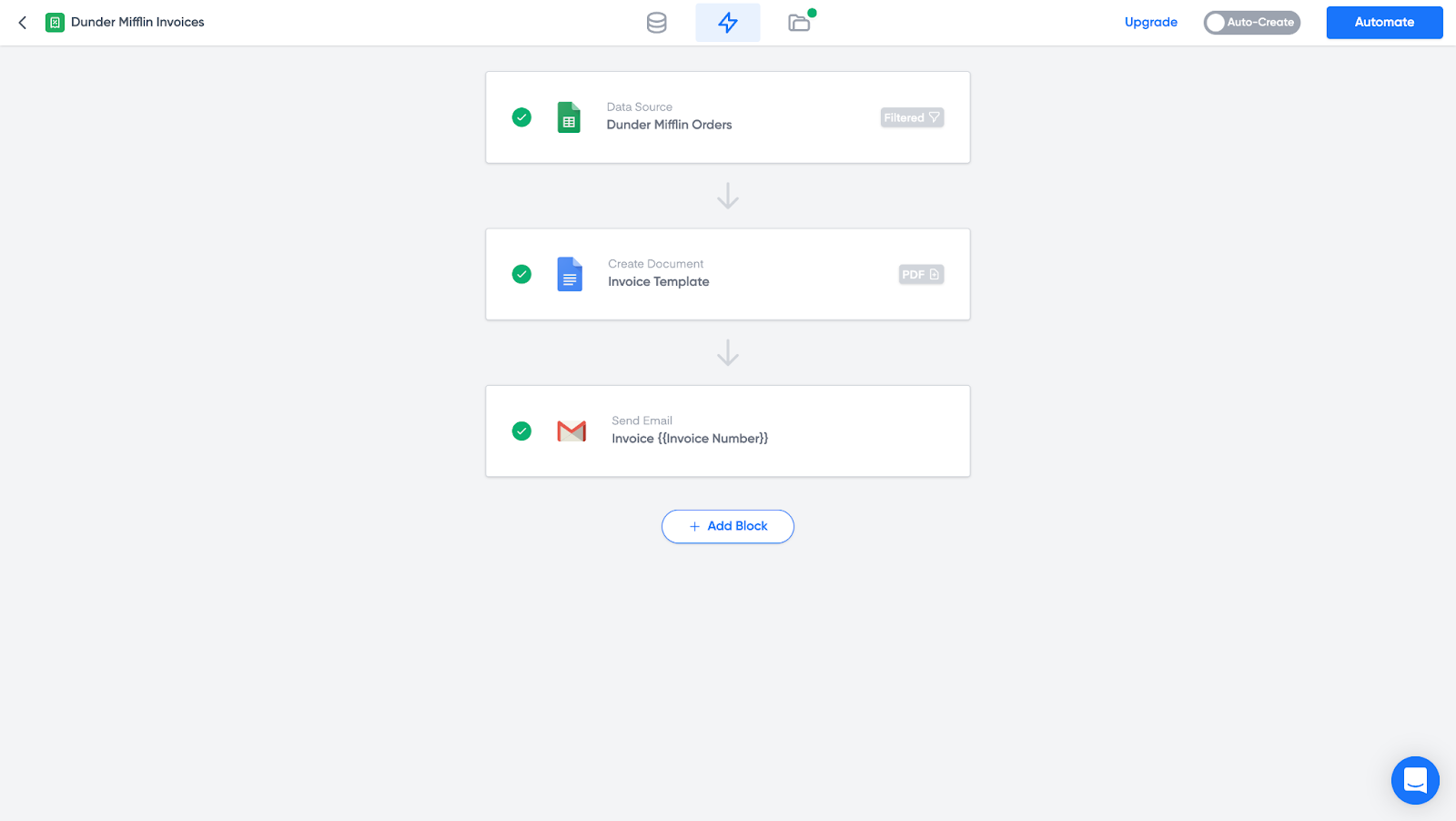 Portant's automated invoice workflow example to generate PDF invoices from a template and sending them via email