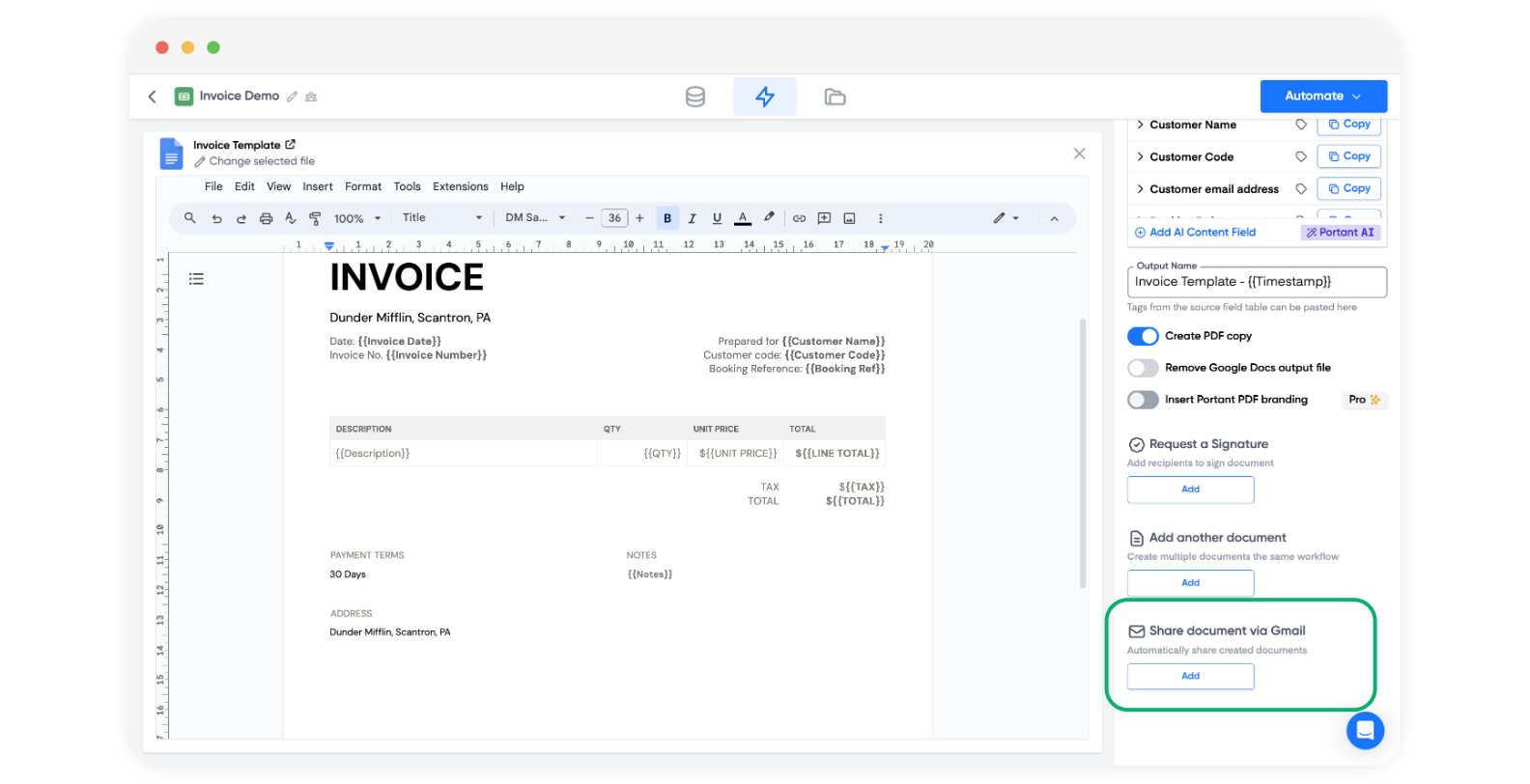 Screenshot of Portant editor showing an invoice template with merge tags and a highlighted Share document via Gmail option