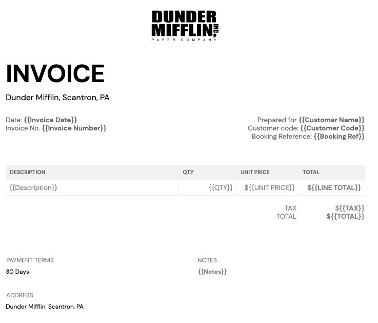 Portant's invoice template showing invoice structure, including billing sections for item description, quanity, unit price, tax, and total.