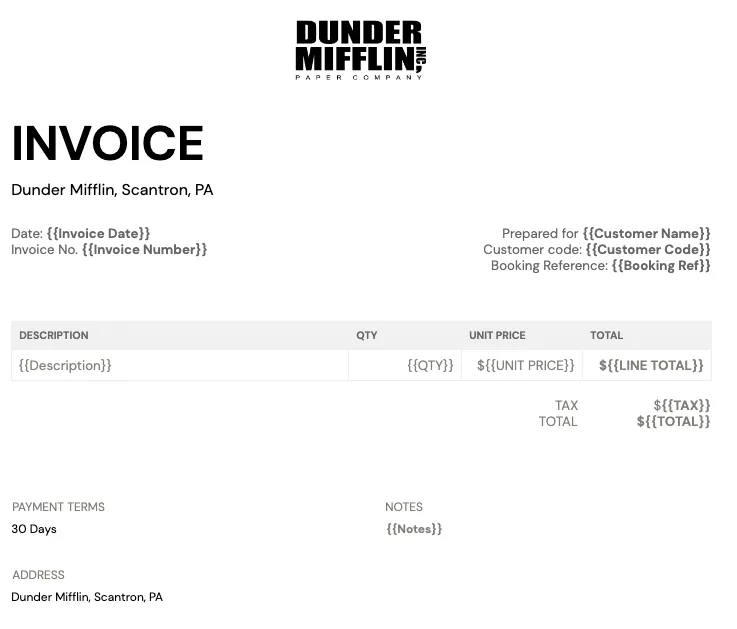 Portant's invoice template showing invoice structure, including billing sections for item description, quanity, unit price, tax, and total.