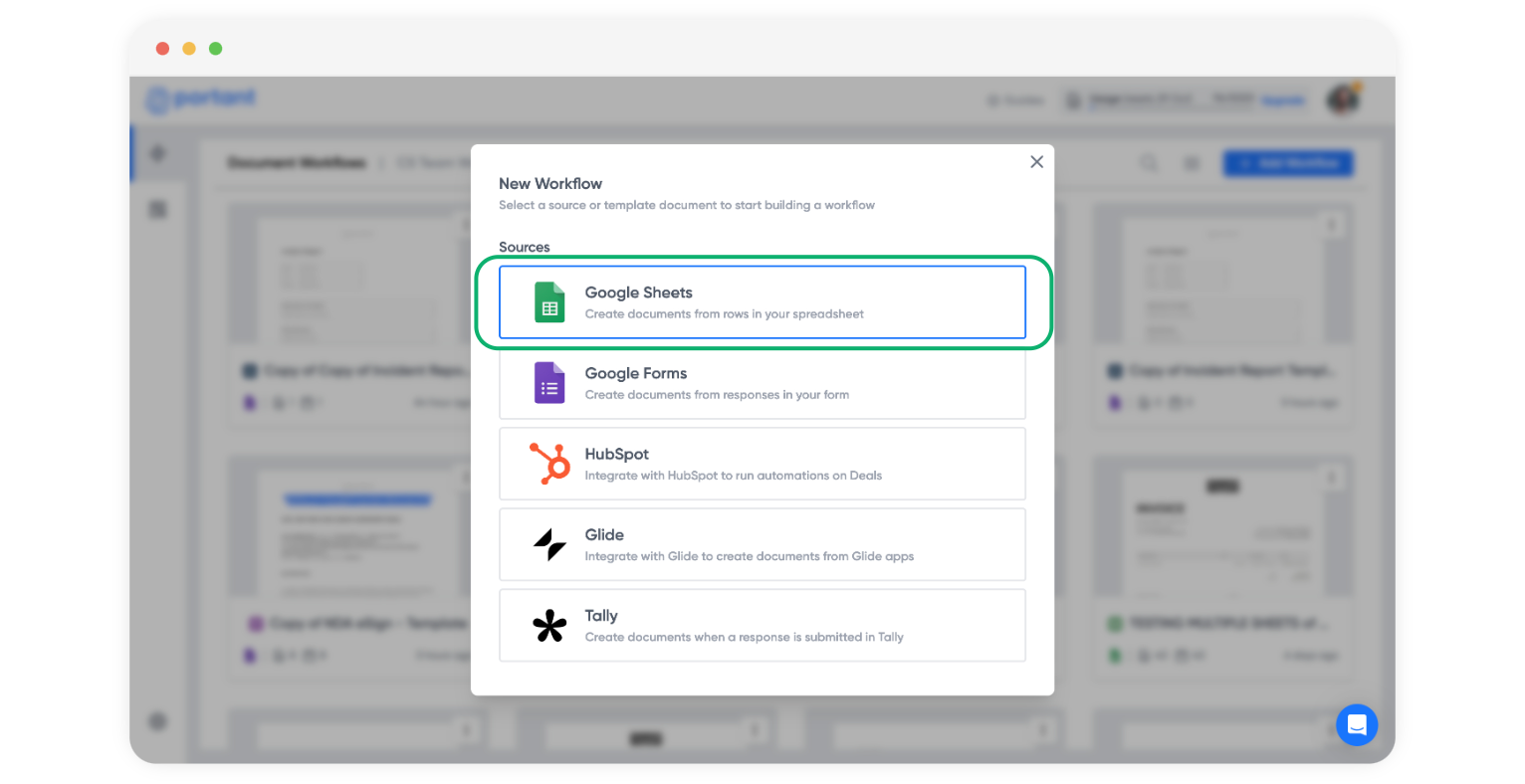 Screenshot of Portant New Workflow dialog listing sources with Google Sheets highlighted, plus Forms, HubSpot, Glide and Tally