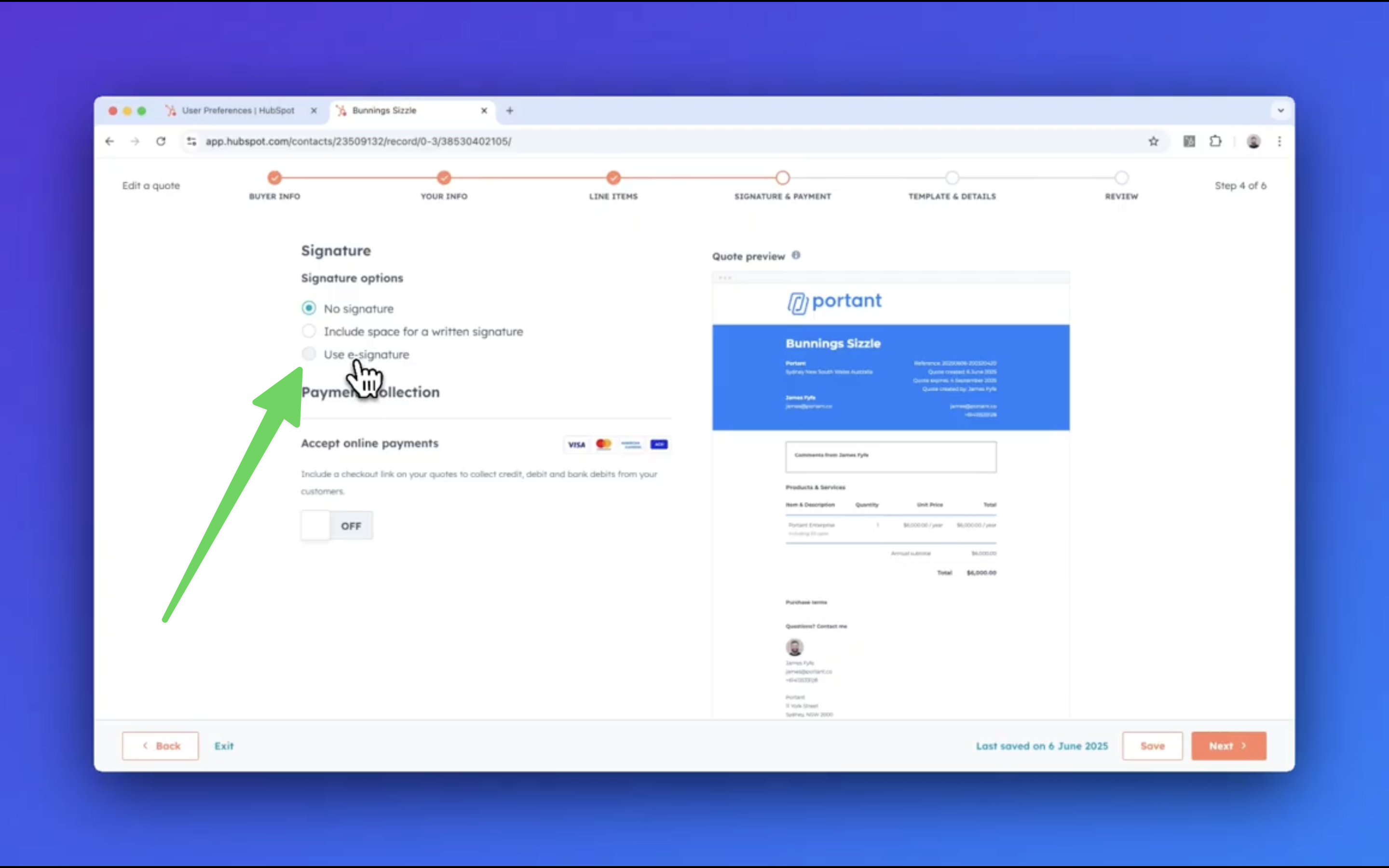 HubSpot create quote screen showing line items, discounts, and e-signature options on a deal record