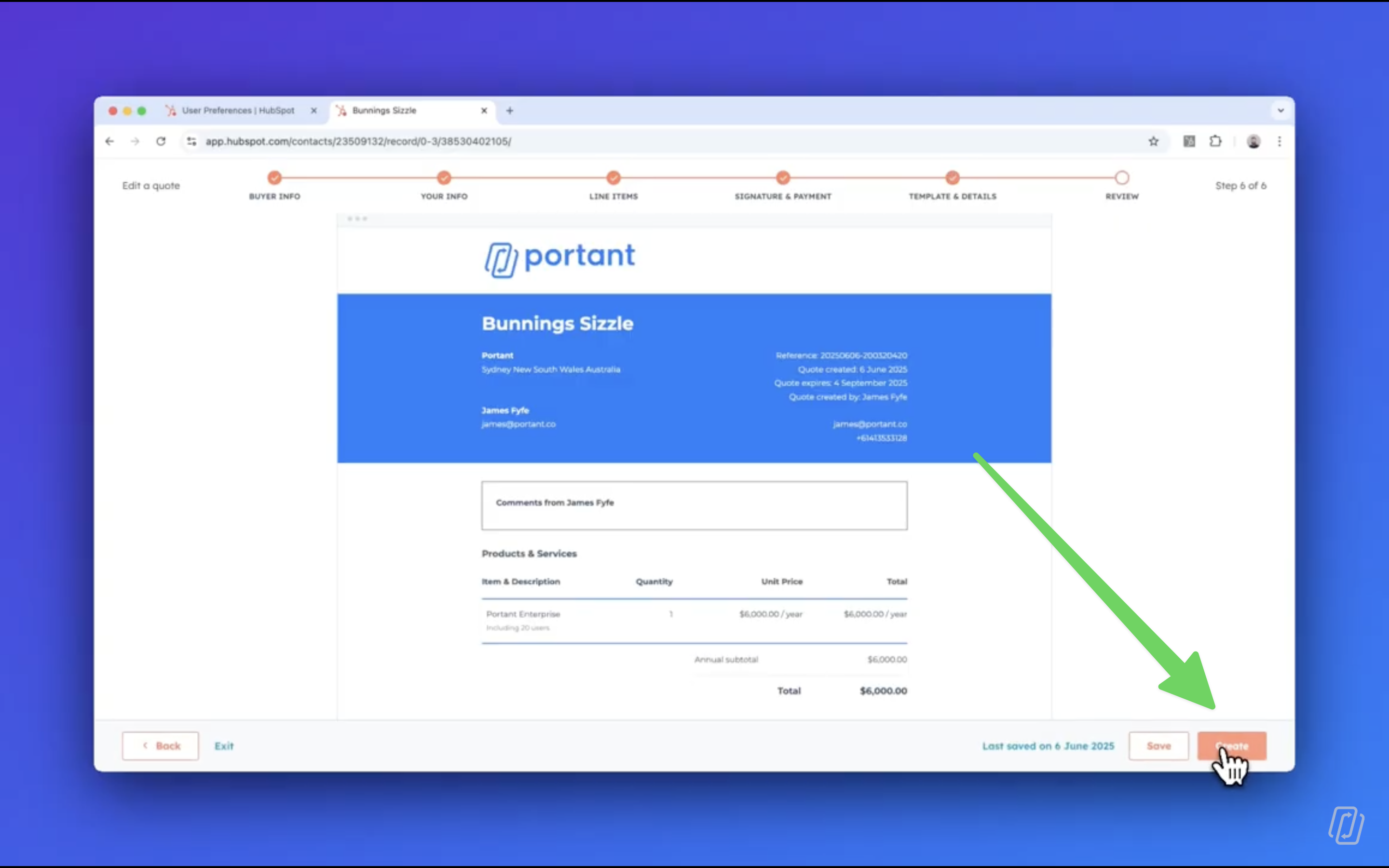 HubSpot quote customisation screen showing a pre-designed template populated with deal data