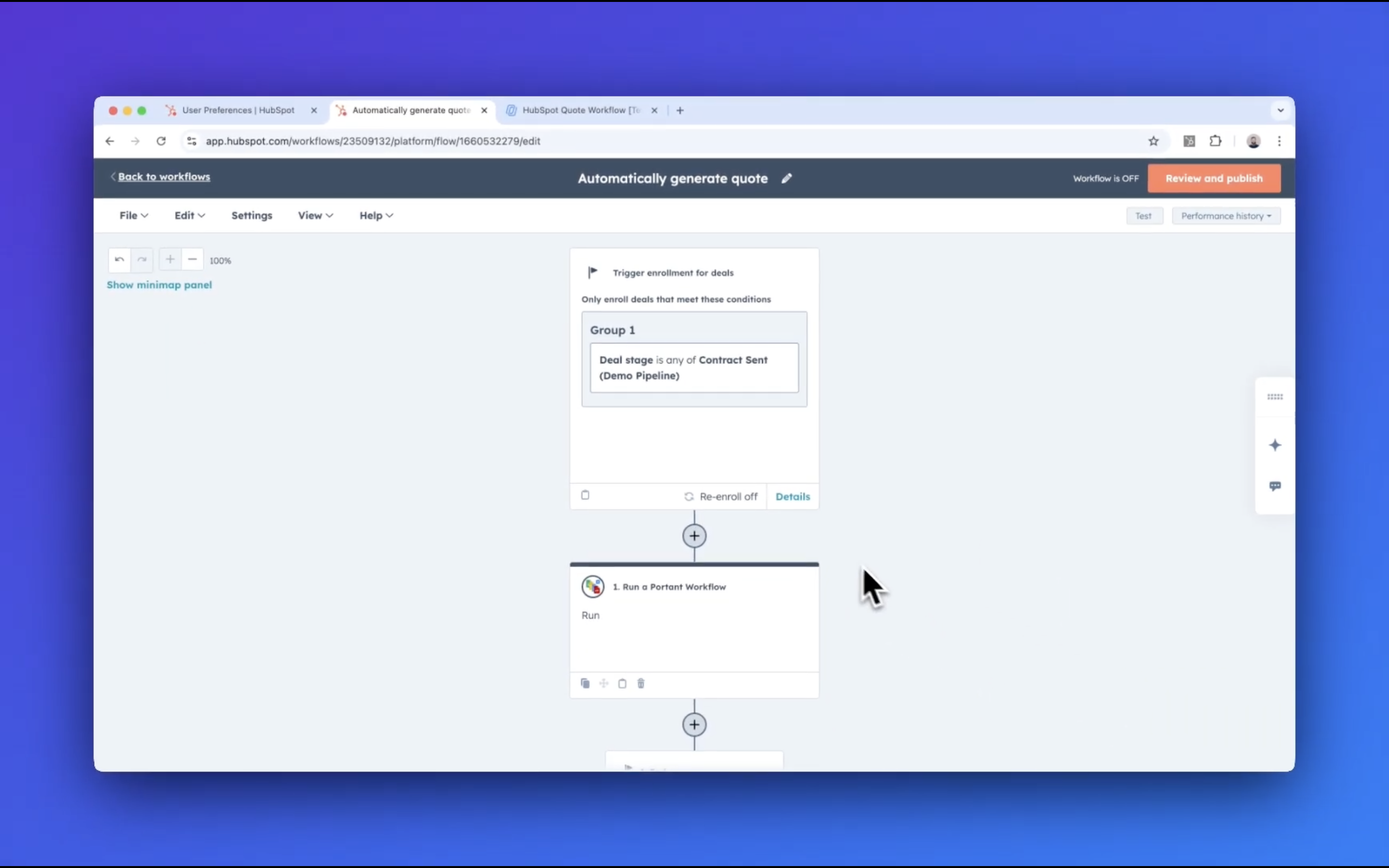 HubSpot workflow editor with a Portant action triggered when a deal stage changes to Contract Sent