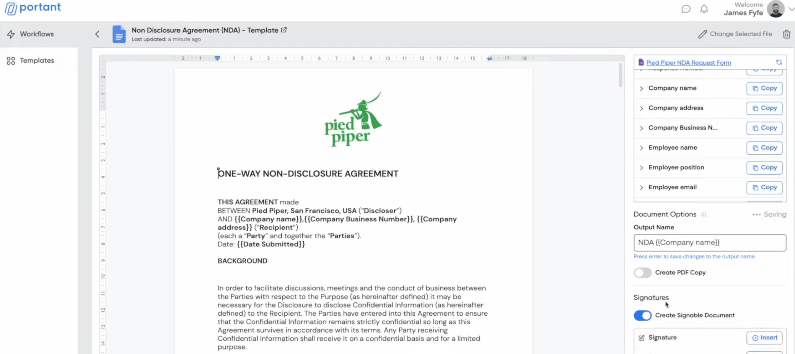 Contract Creation Workflow and Formatting Options in Portant's Dashboard, displaying a one-way non-disclosure agreement (NDA) template with editable fields for company information, dynamic placeholders, and branding.