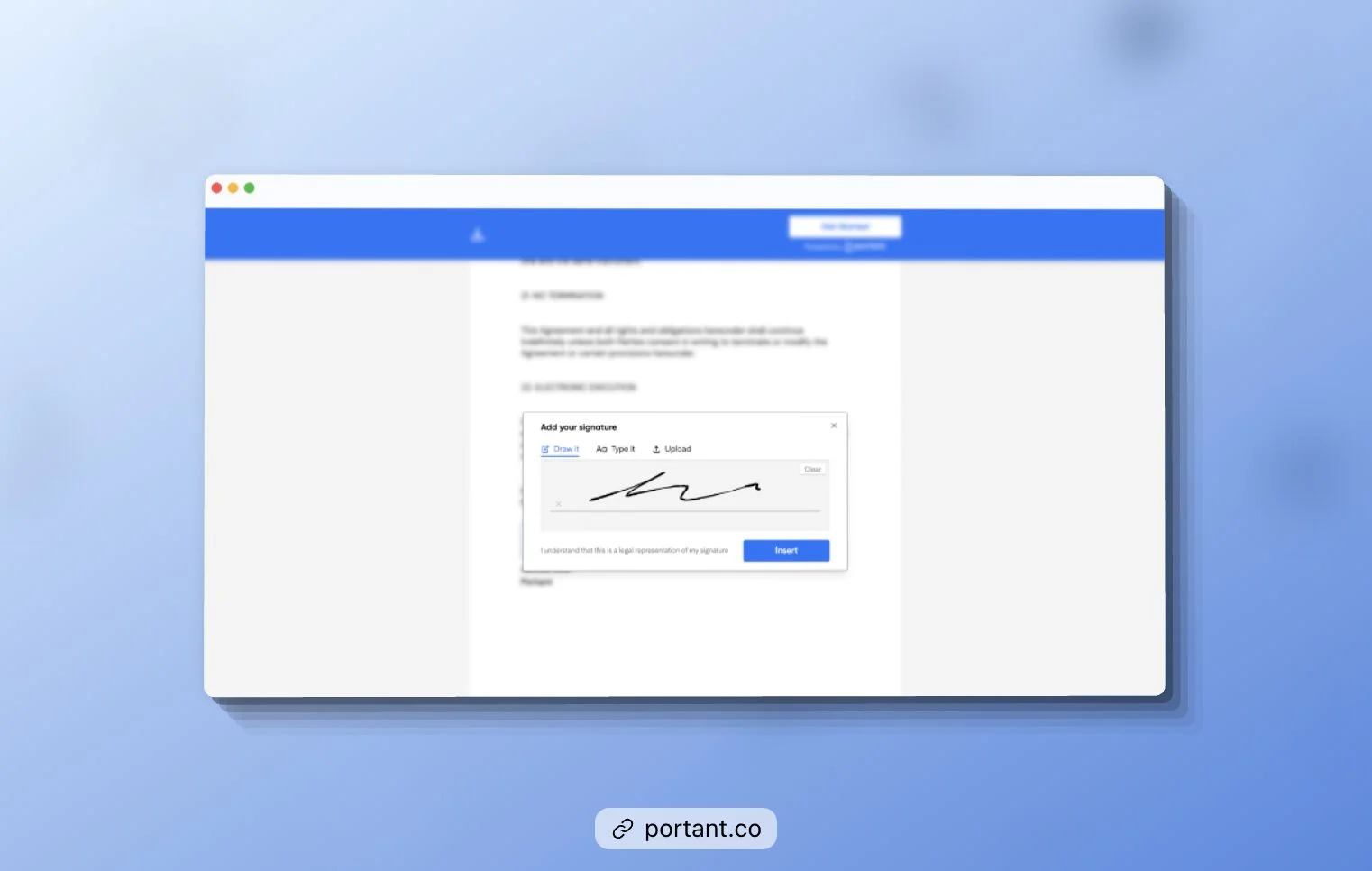 Portant's e-signature feature allowing users to digitally sign freelance contracts directly within the document.