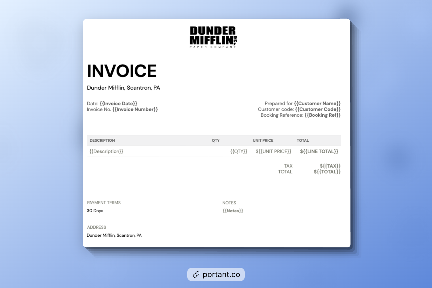 Sample web design invoice template using Portant, featuring editable fields for invoice date, customer name, description, quantity, unit price, tax, and total