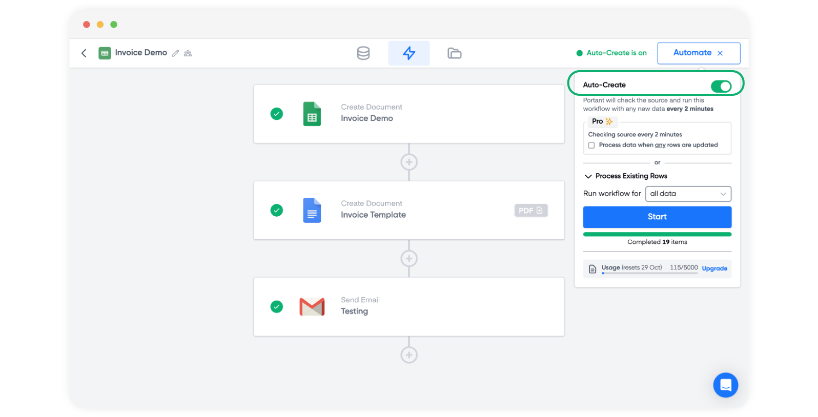 Screenshot of Portant invoice workflow with Auto-Create toggle enabled to run the workflow every 2 minutes on new data