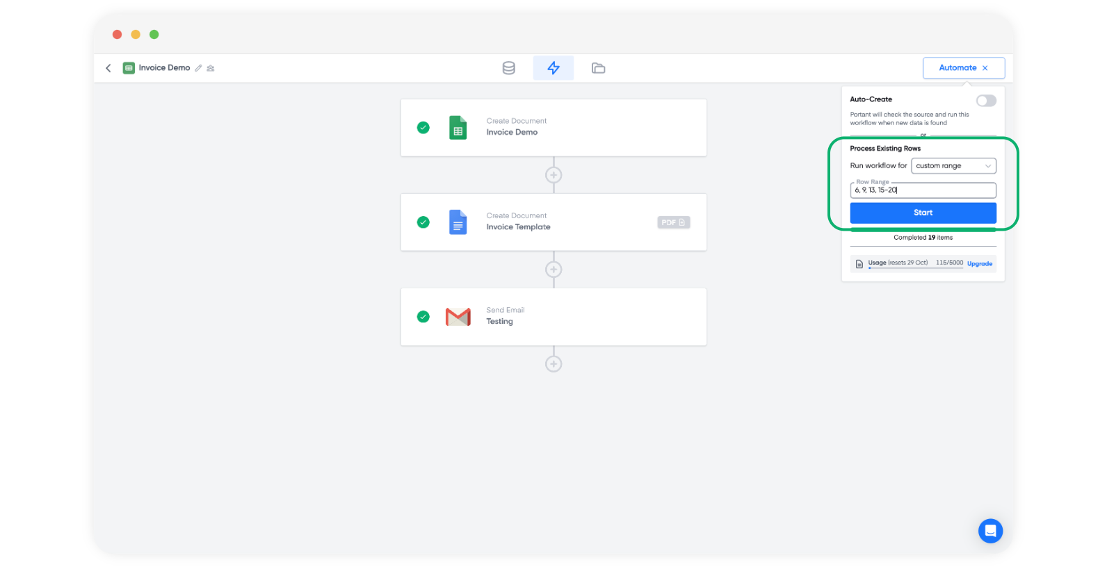 Screenshot of Portant invoice workflow with Process Existing Rows set to a custom row range before clicking Start