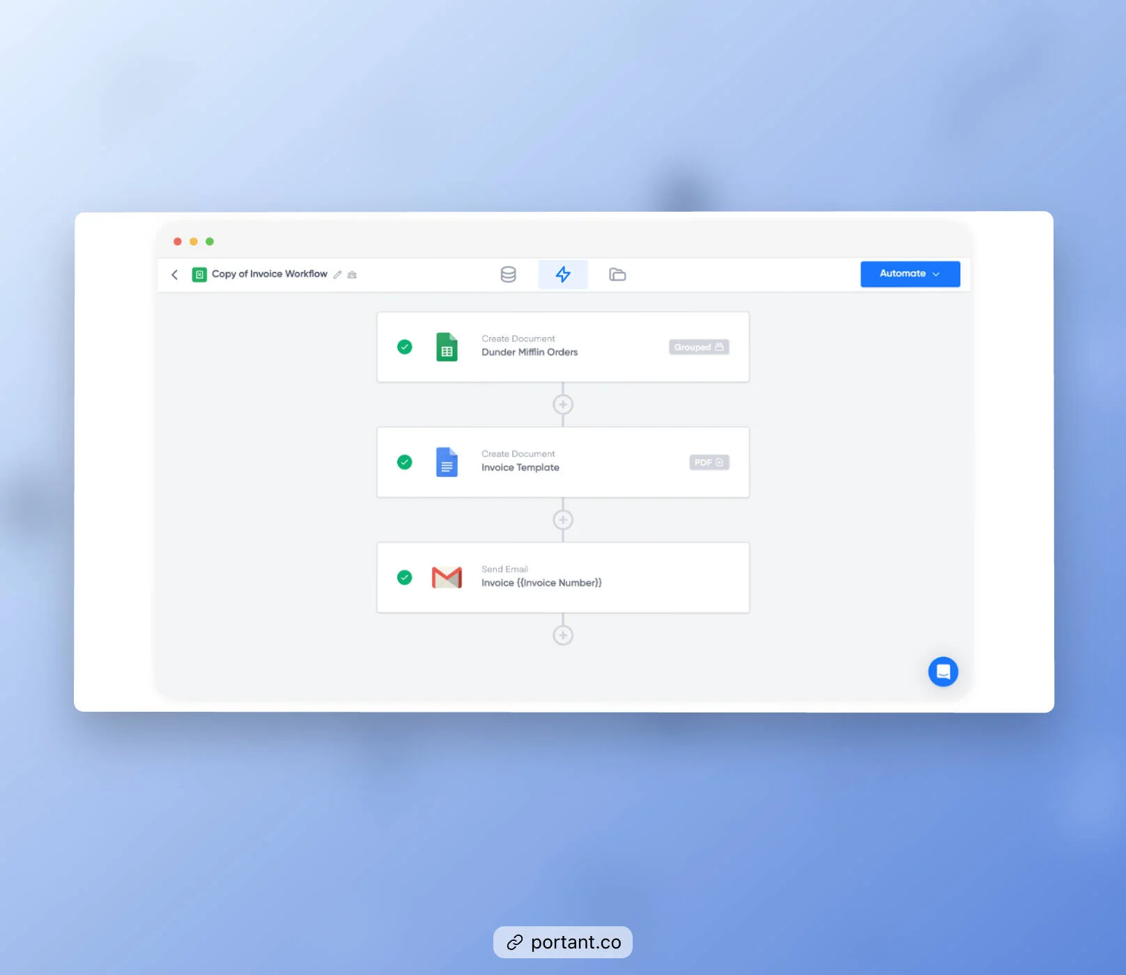 Portant's invoicing workflow showing automated steps to create a document and send an invoice via email