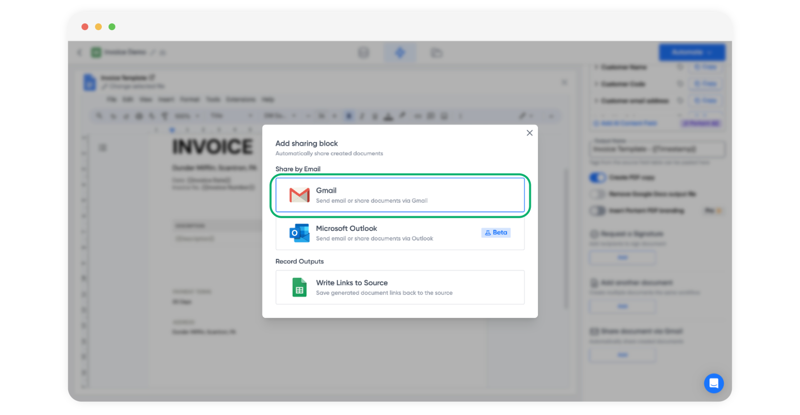 Screenshot of Portant Add sharing block dialog with Gmail highlighted, alongside Outlook and Write Links to Source options