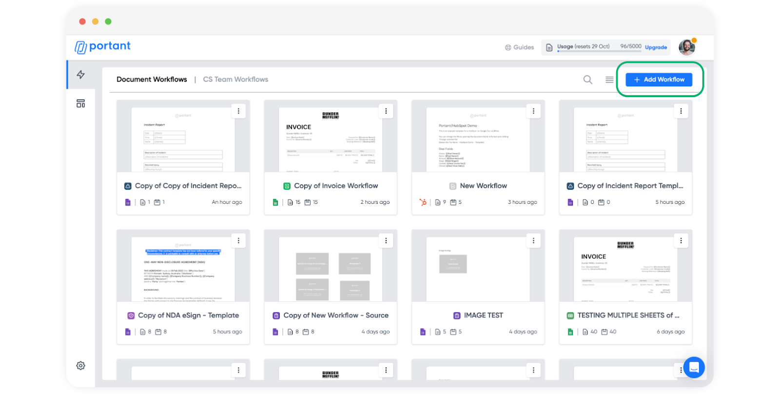 Screenshot of Portant Document Workflows dashboard showing invoice and report workflow tiles with Add Workflow button highlighted