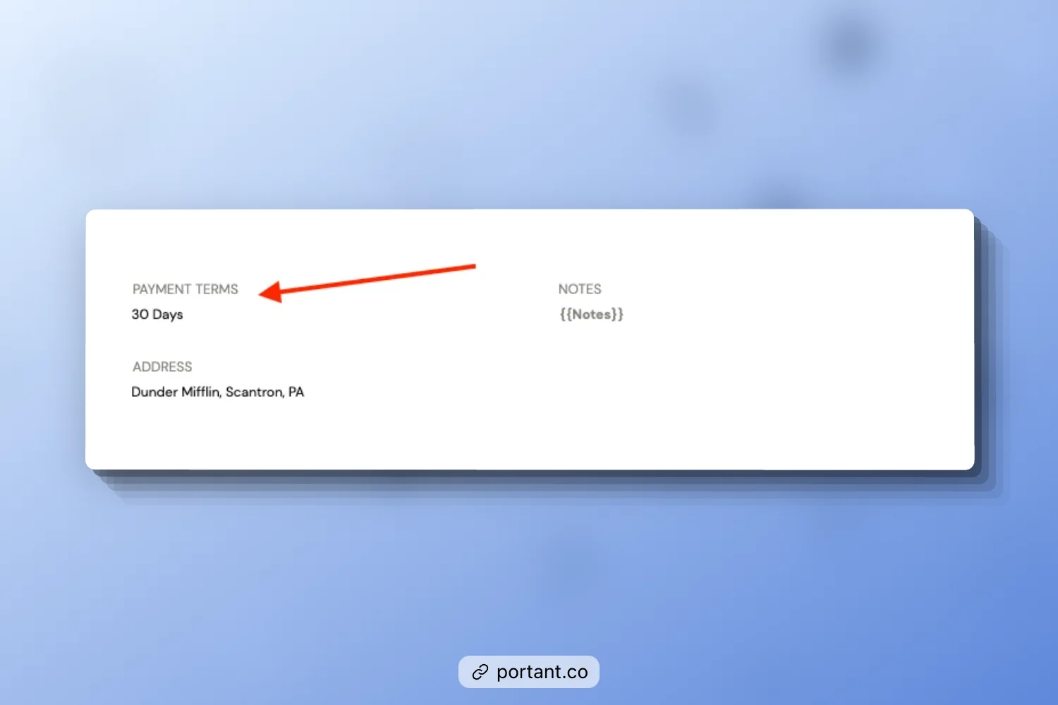 Payment terms sample in Portant's Invoice Template highlighting 30-day payment terms, notes section, and landlord address for streamlined rent billing. 