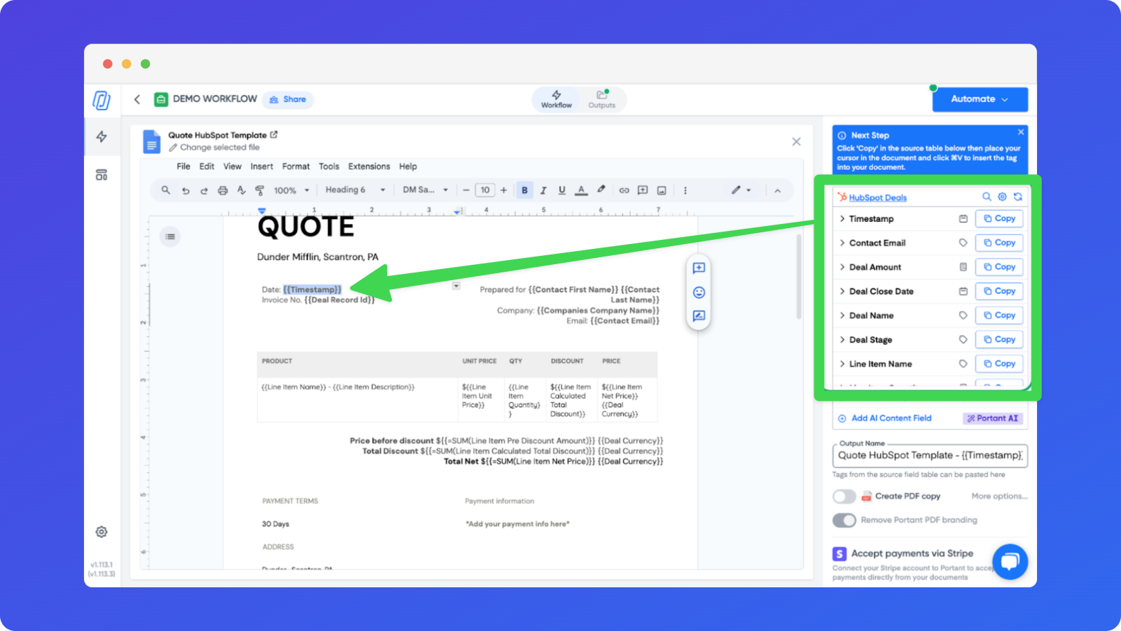 Portant template editor with a quote template open in Google Docs, showing tags for deal name, amount, and contact details