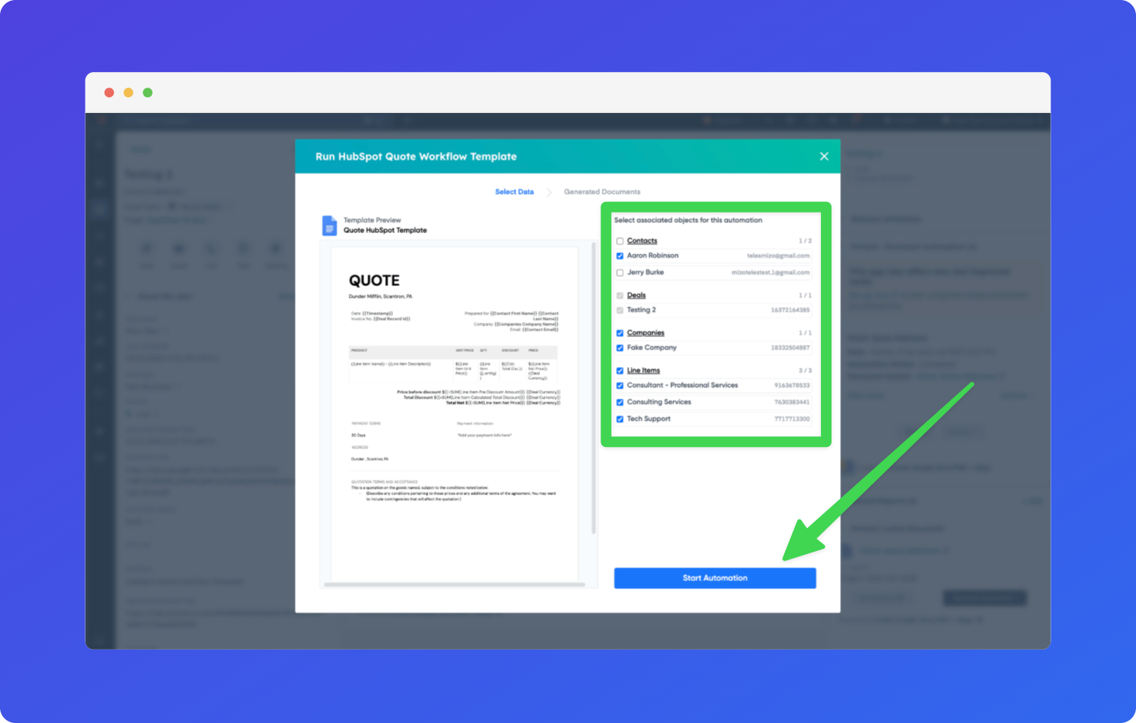 Portant generating a proposal from a HubSpot deal, showing the document preview with deal data filled in