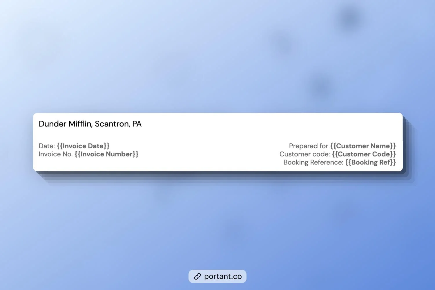 Business Information Field - Portant's Invoice Template Sample showing automated rental invoice header with placeholders for landlord details, invoice date, customer information, and booking reference. 