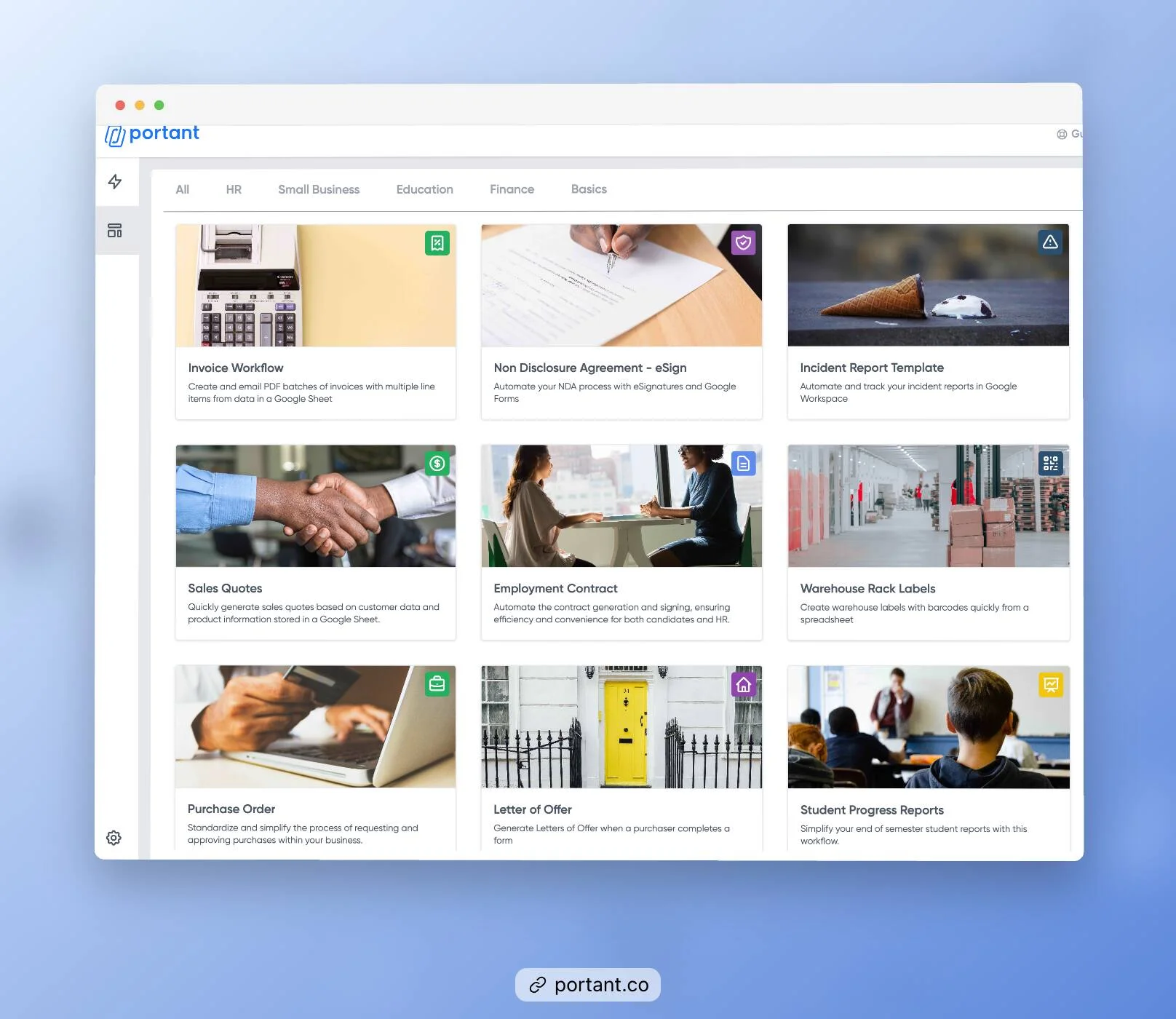 Portant's pre-built invoice templates for businesses, including options for sales quotes, purchase orders, employment contracts, and more.