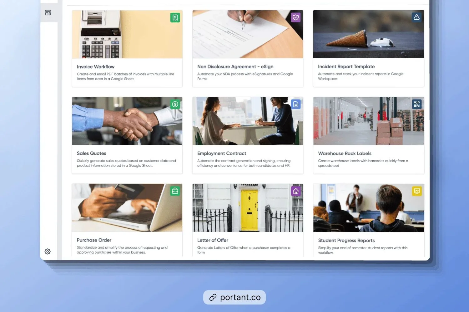 Portant's library of templates offering various contract options like Non-Disclosure Agreements, Employment Contracts, and Sales Quotes, helping users automate their online contract signing process.