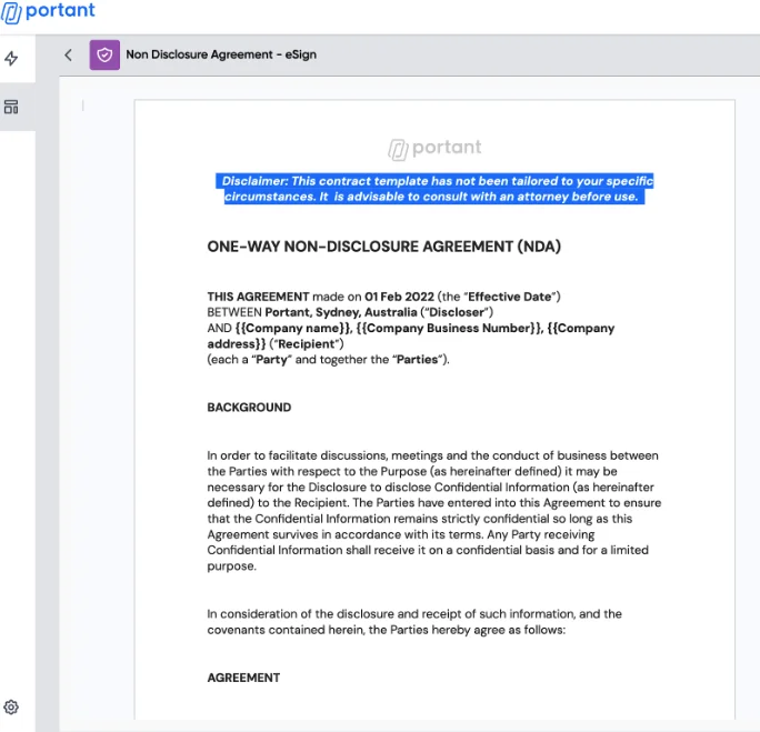 Portant's Non Disclosure Agreement eSign Template showing a customizable one-way NDA form with legal disclaimer and editable fields for parties, business details, and confidentiality terms.