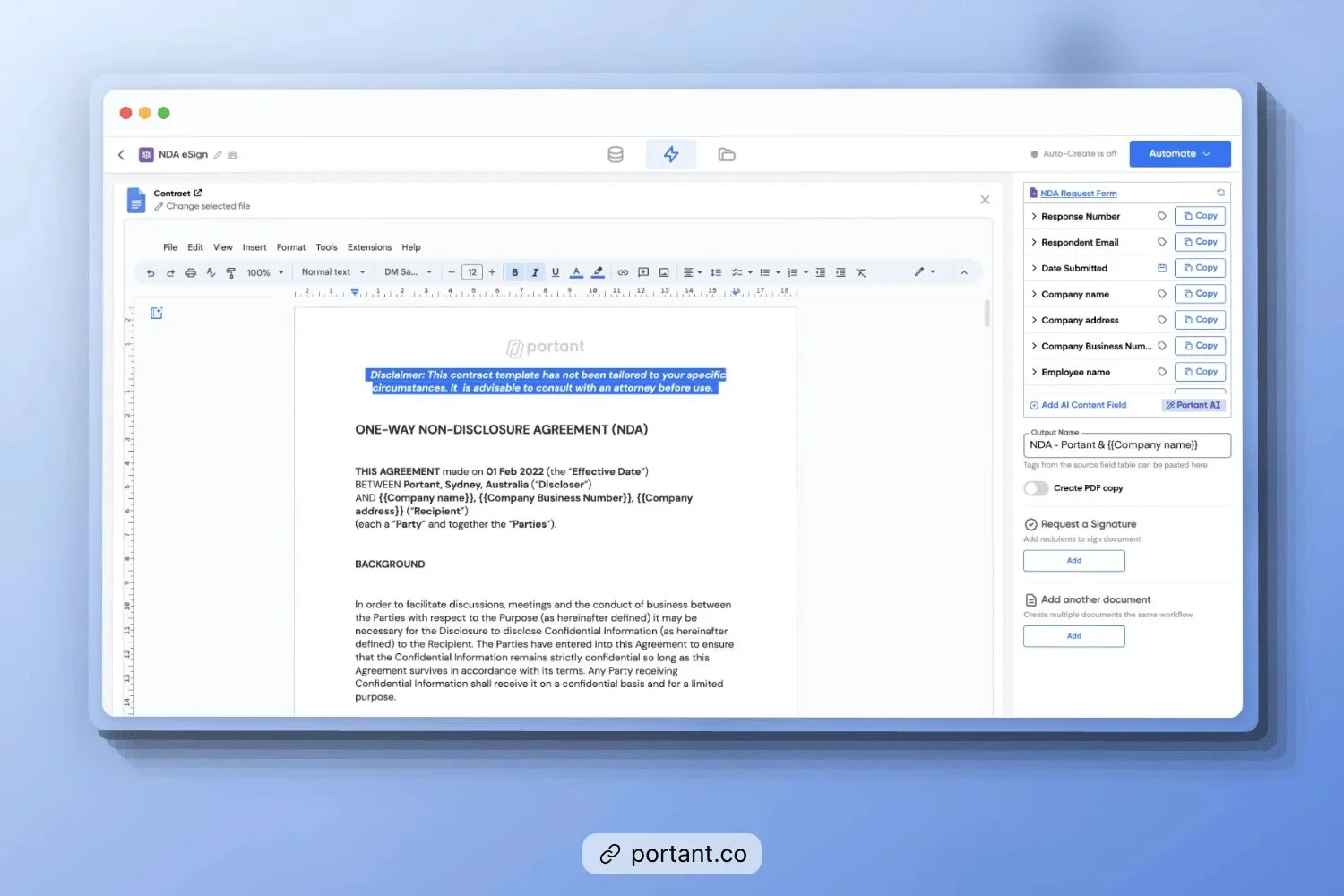 Portant's document automation software showing a sample One-Way Non-Disclosure Agreement (NDA) in a Google Docs template