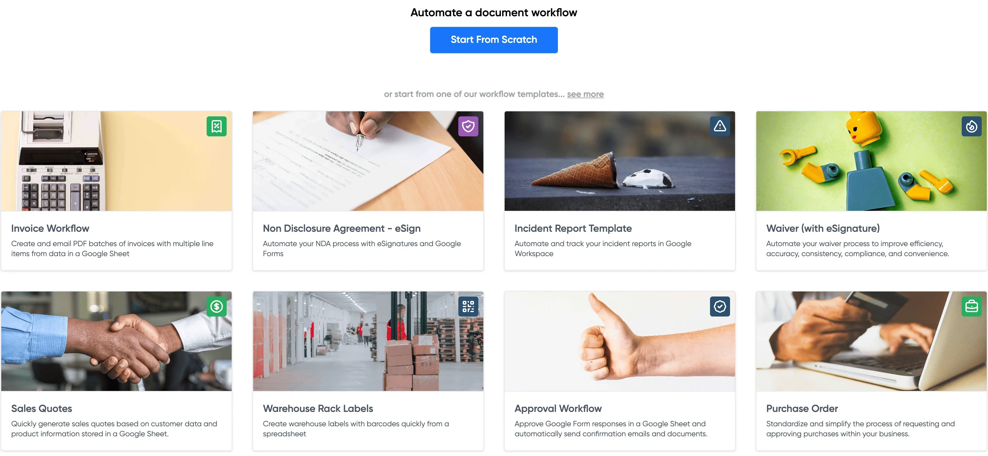 Portant's automation library showcasing various workflow templates including invoice creation, sales quotes, and approval workflows