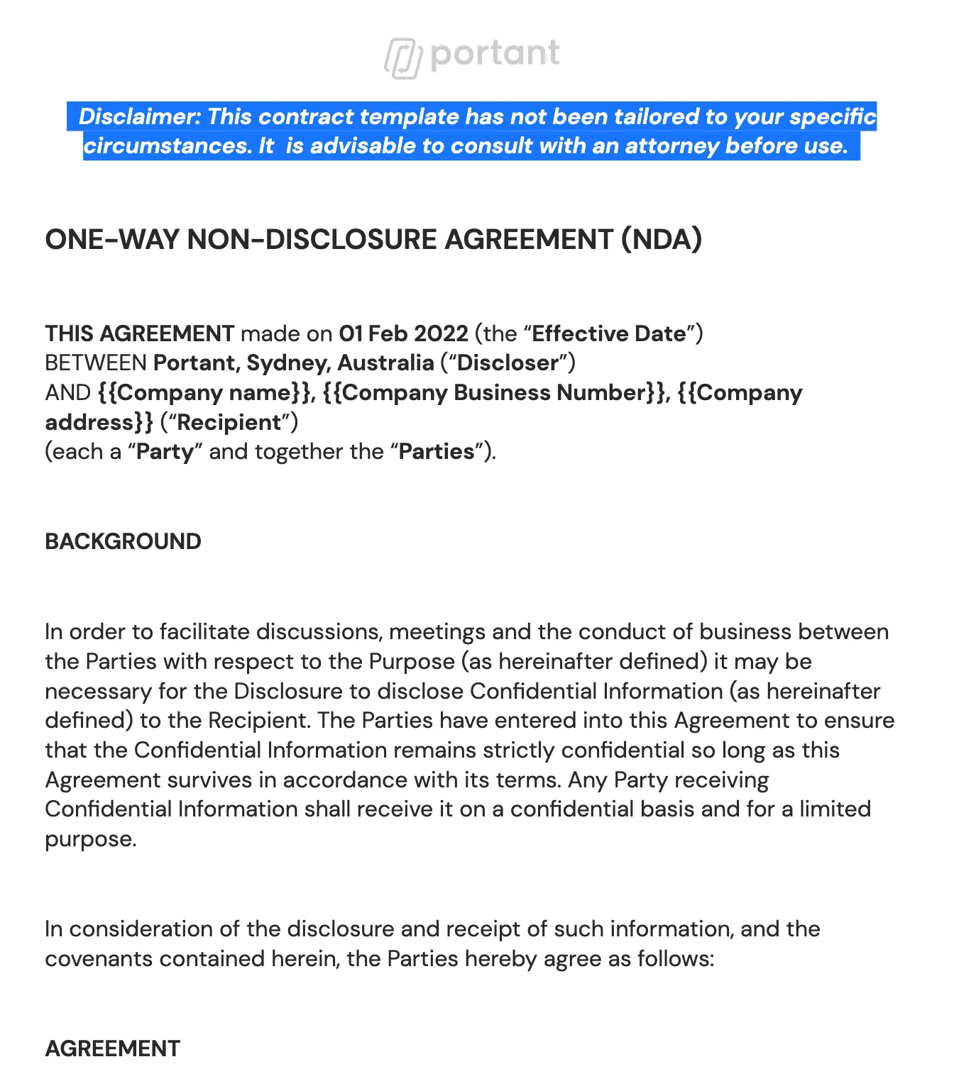 Portant's one-way non-disclosure agreement (NDA) contract template screenshot, featuring editable fields for business details