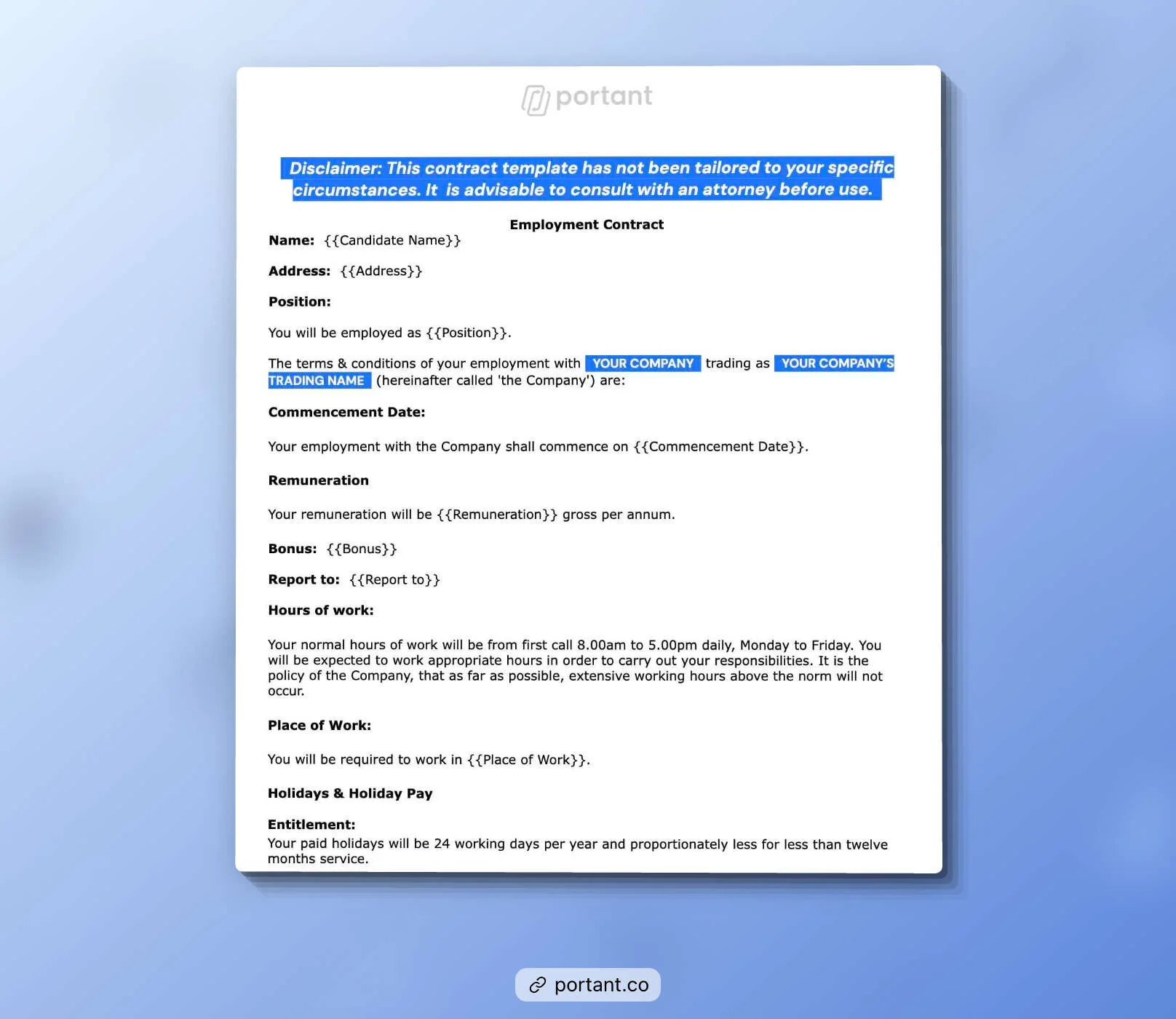 Sample employment contract template by Portant, including fields for candidate name, position, company details, commencement date, remuneration, bonus, report structure, work hours, place of work, and holiday entitlements.