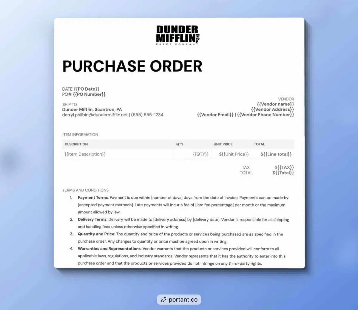 Sample purchase order template by Portant featuring fields for item description, quantity, pricing, and vendor information