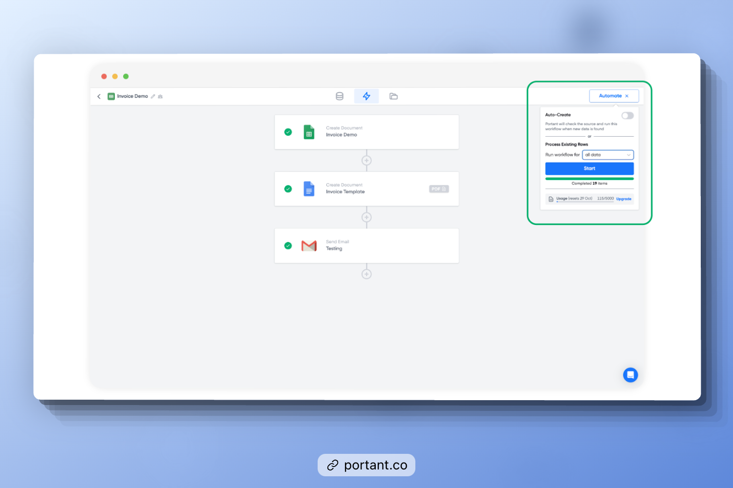 Portant automation dashboard showing a sample invoice workflow for consultants, including steps to create a document from an invoice template, send email, and automate invoicing tasks