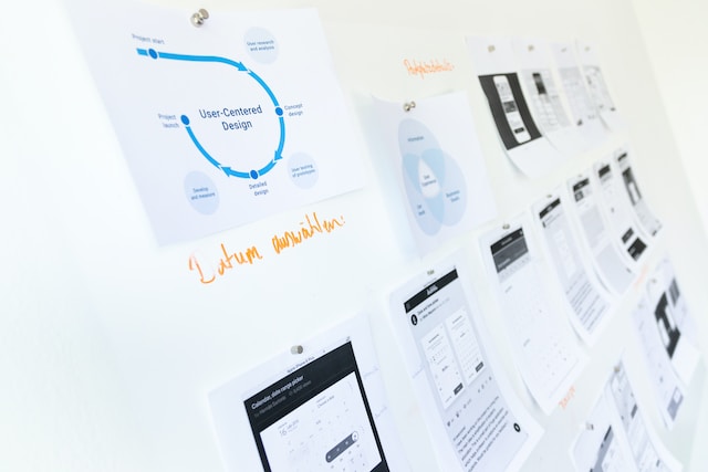 Wall of pinned design documents tracking a user-centered design project workflow with handwritten notes