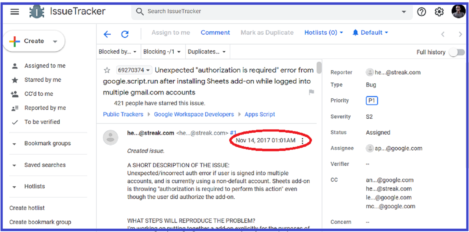 A screenshot of Google IssueTracker