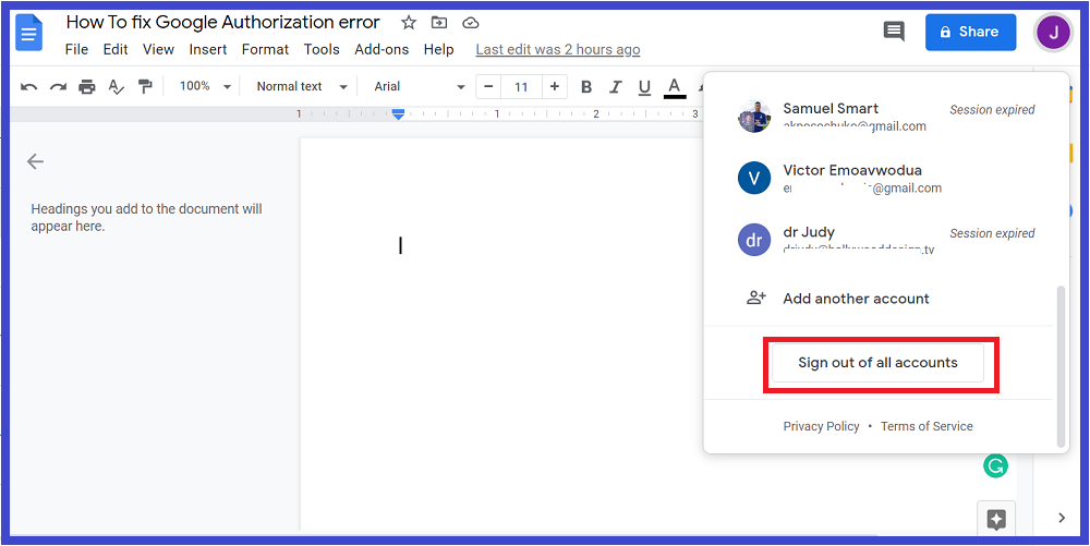 A screenshot of Google Docs showing the 'Sign out of all accounts' button