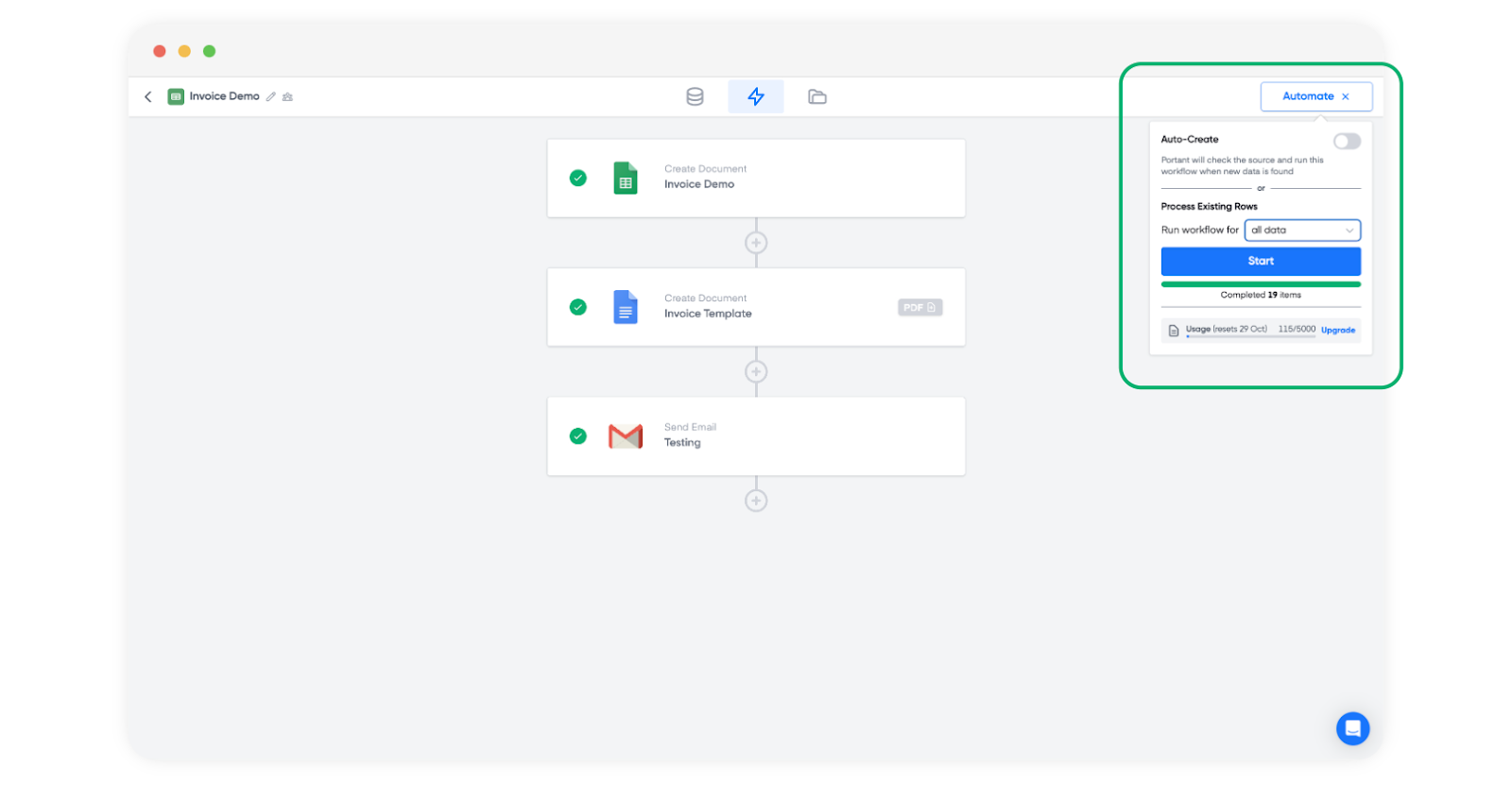 Screenshot of Portant invoice workflow with the Automate panel highlighted, showing Process Existing Rows and Start button