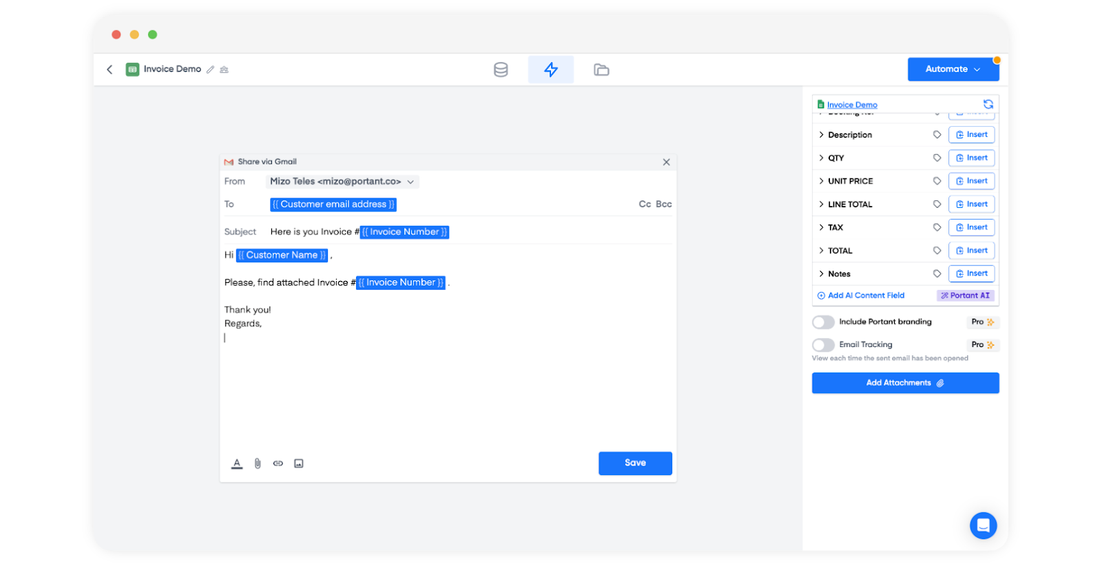 Screenshot of Portant Share via Gmail editor composing an invoice email with merge tags for customer name and invoice number