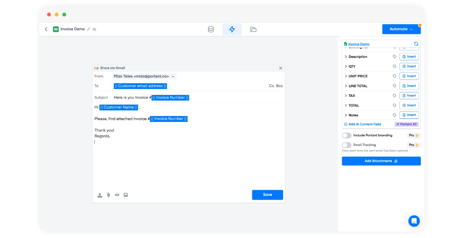 Screenshot of Portant Share via Gmail editor composing an invoice email with merge tags for customer name and invoice number