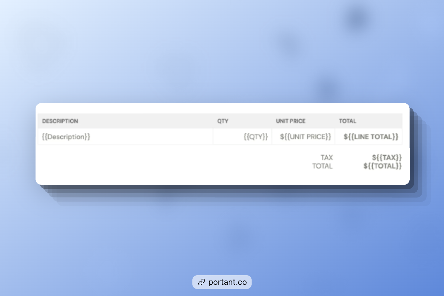 Web design invoice template showing editable fields for item description, quantity, unit price, line total, tax, and overall total