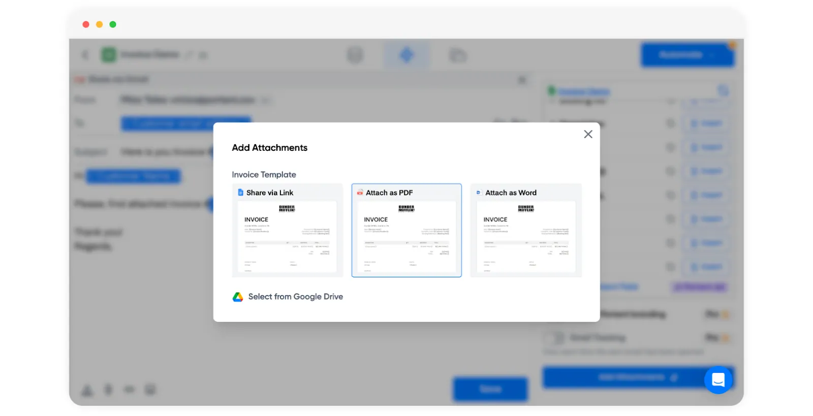 Screenshot of Portant Add Attachments dialog offering invoice as a shared link, PDF, or Word document